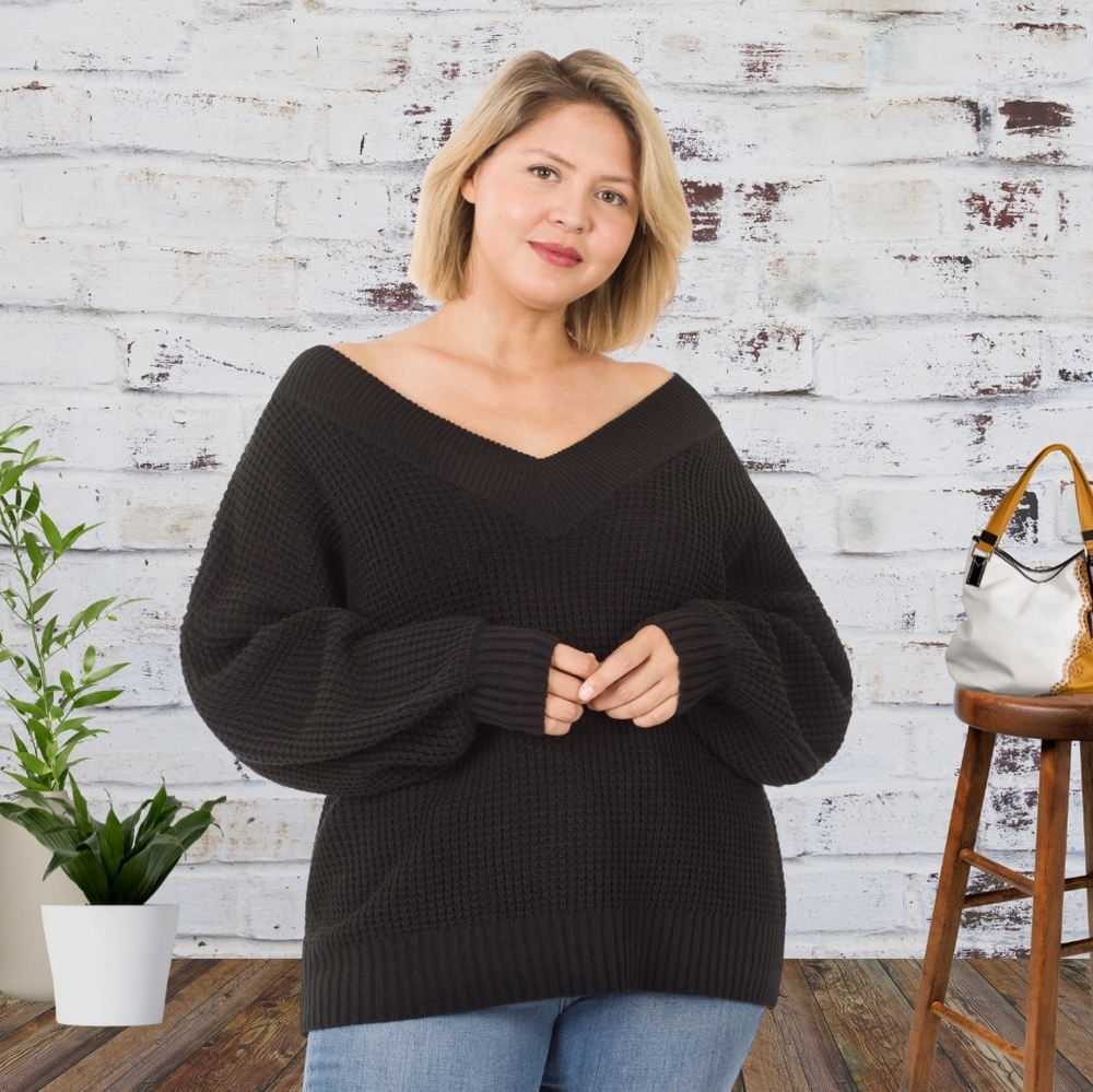 Deep V-Neck Sweater in Black